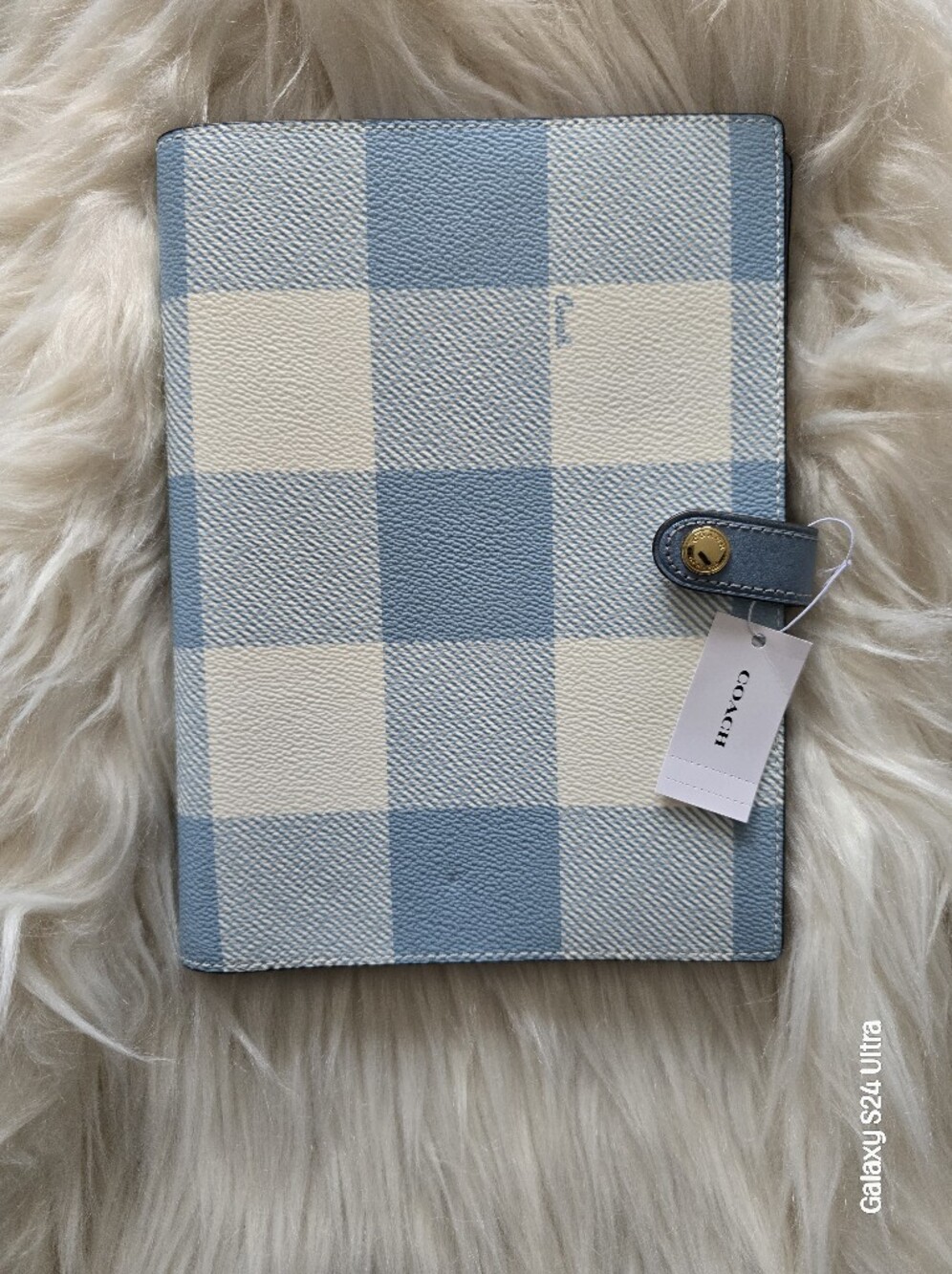Coach Blue Gingham and White Plaid Leather Notebook Cover NEW with Snap